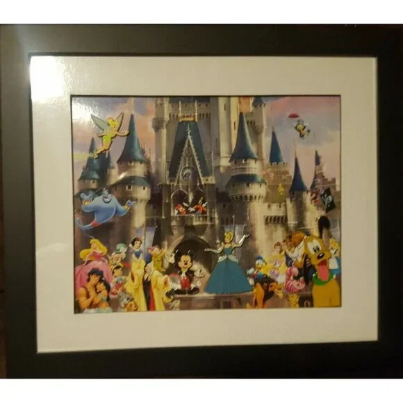 Cinderella Castle Disney Print Framed with Four Collectable Pins Set**NEW